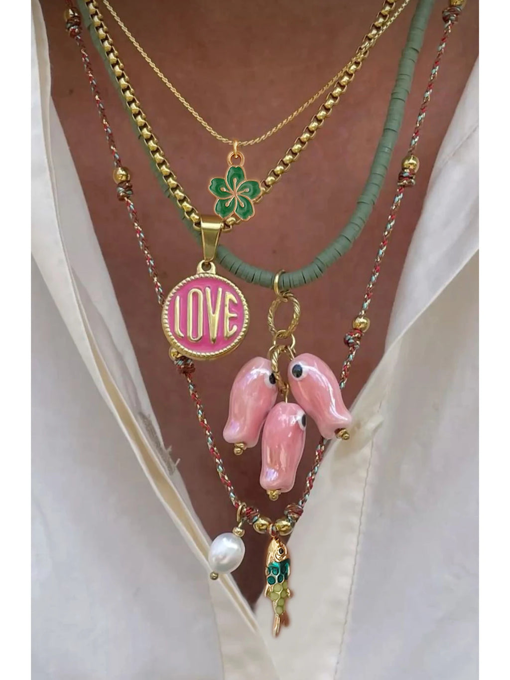 4 pezzi di collana impilata a strati di moda set di ciondoli di pesci in ceramica design di perline gioielli da festa da donna bohémien colorati