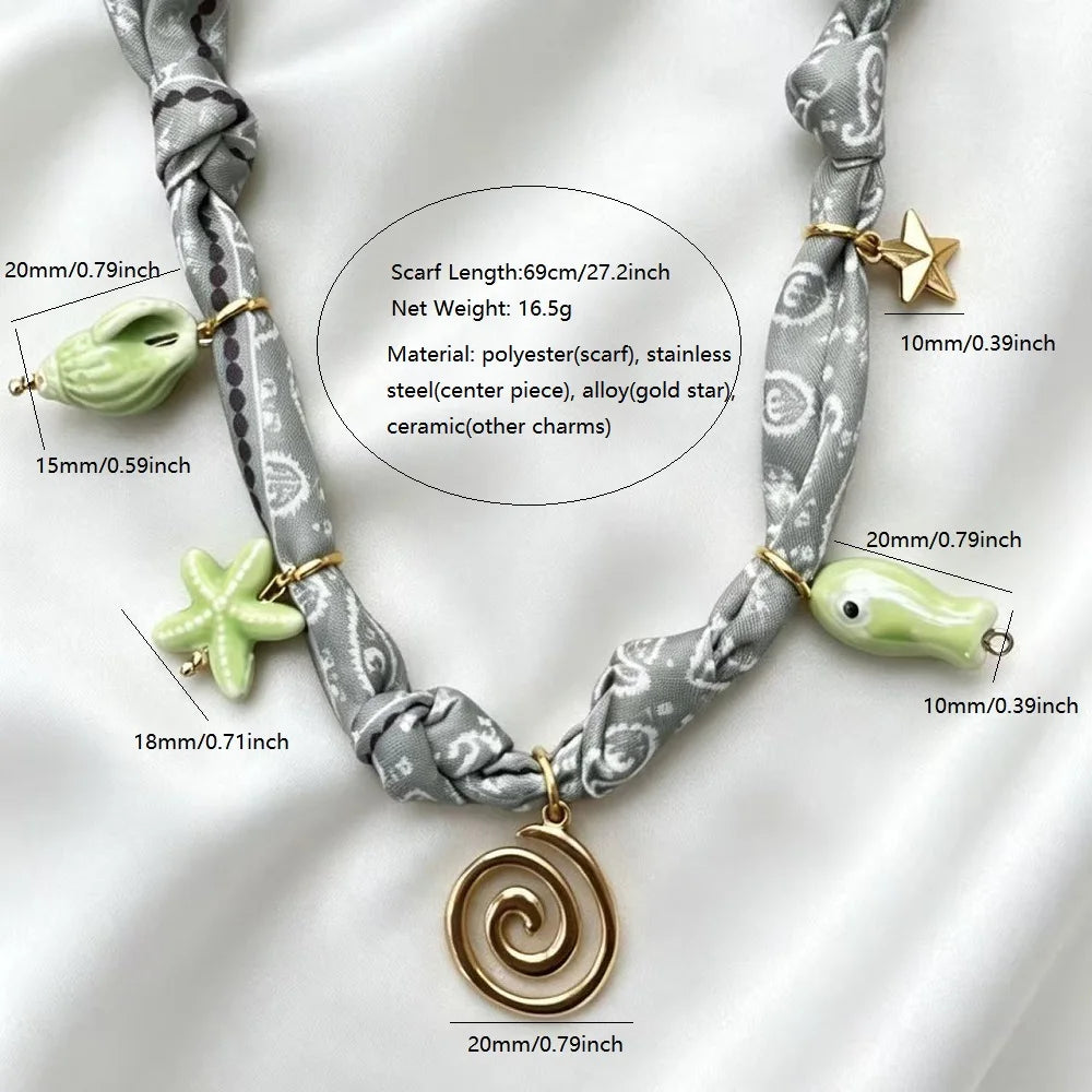 Collana con Ciondoli in Tessuto Bohemien a Tema Vita Marina, Cuore, Ciliegia, Tulipano, Fiore - Gioielli da Vacanza, Regalo per Lei