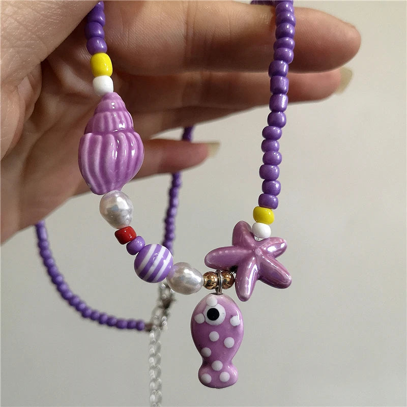 Collana girocollo con perline con ciondolo stella marina in ceramica colorata estiva per le donne Accessori per gioielli Boho romantici da spiaggia all'ingrosso
