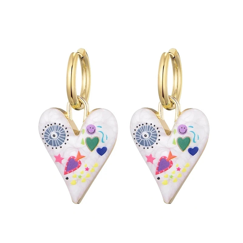 Orecchini Pendenti Creativi con Graffiti, Fiori, Occhi Grandi e Cuori per Donne, Stile Artistico alla Moda, Orecchini a Cerchio con Smalto, Regalo di Gioielleria Femminile