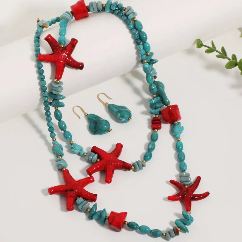 Set di Collana Lunga e Orecchini in Stile Boho con Stelle Marine Tropicali per Donna, Gioielli per Matrimoni e Feste