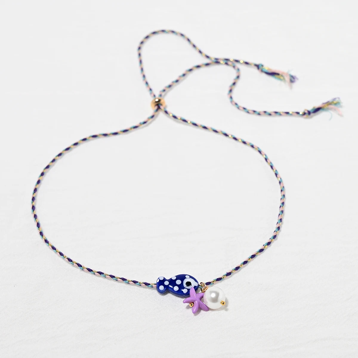 Collana colorata con ciondolo a forma di pesce in ceramica bohémien per donna, girocollo regolabile in corda multicolore, perfetta per le vacanze estive al mare