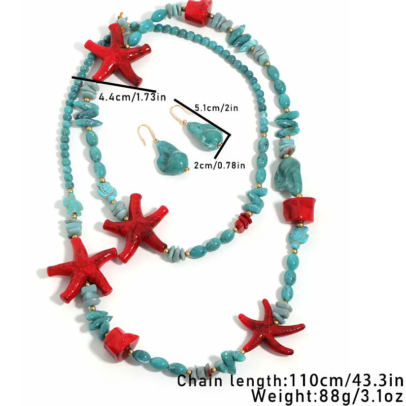 Set di Collana Lunga e Orecchini in Stile Boho con Stelle Marine Tropicali per Donna, Gioielli per Matrimoni e Feste