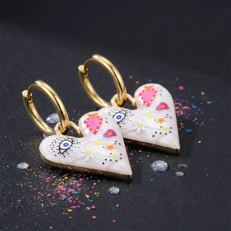 Orecchini Pendenti Creativi con Graffiti, Fiori, Occhi Grandi e Cuori per Donne, Stile Artistico alla Moda, Orecchini a Cerchio con Smalto, Regalo di Gioielleria Femminile