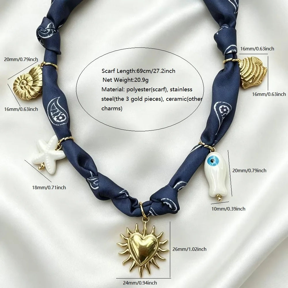 Collana con Ciondoli in Tessuto Bohemien a Tema Vita Marina, Cuore, Ciliegia, Tulipano, Fiore - Gioielli da Vacanza, Regalo per Lei