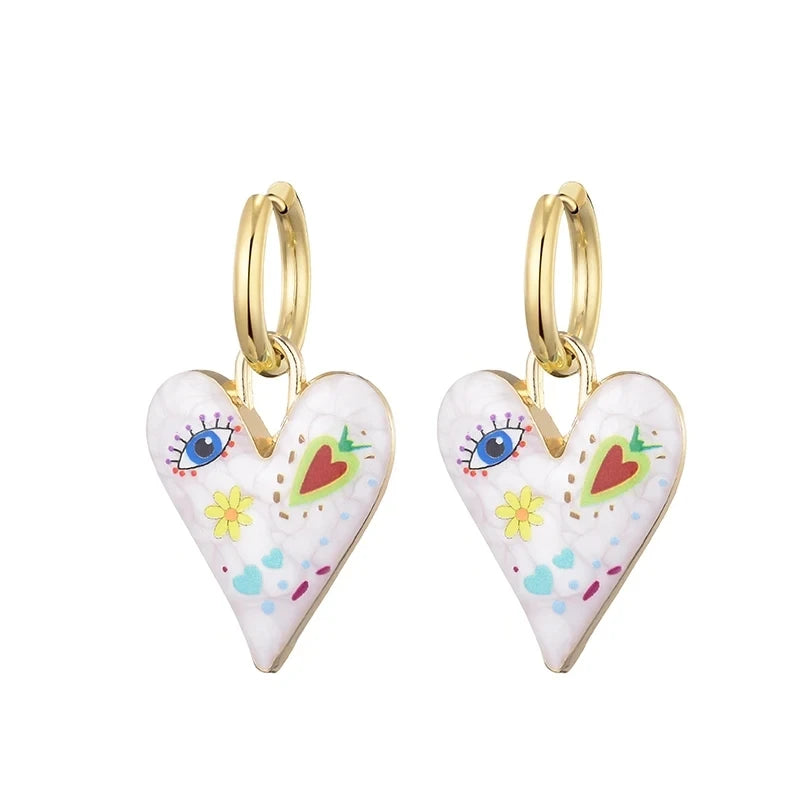 Orecchini Pendenti Creativi con Graffiti, Fiori, Occhi Grandi e Cuori per Donne, Stile Artistico alla Moda, Orecchini a Cerchio con Smalto, Regalo di Gioielleria Femminile
