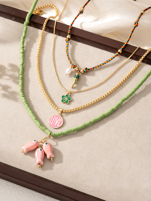 4 pezzi di collana impilata a strati di moda set di ciondoli di pesci in ceramica design di perline gioielli da festa da donna bohémien colorati