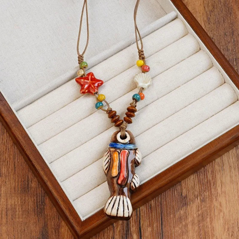 Collane con ciondolo a forma di pesce in ceramica dipinte a mano, serie unica, collane lunghe alla moda con ciondolo a piccolo pesce, confezione personalizzata