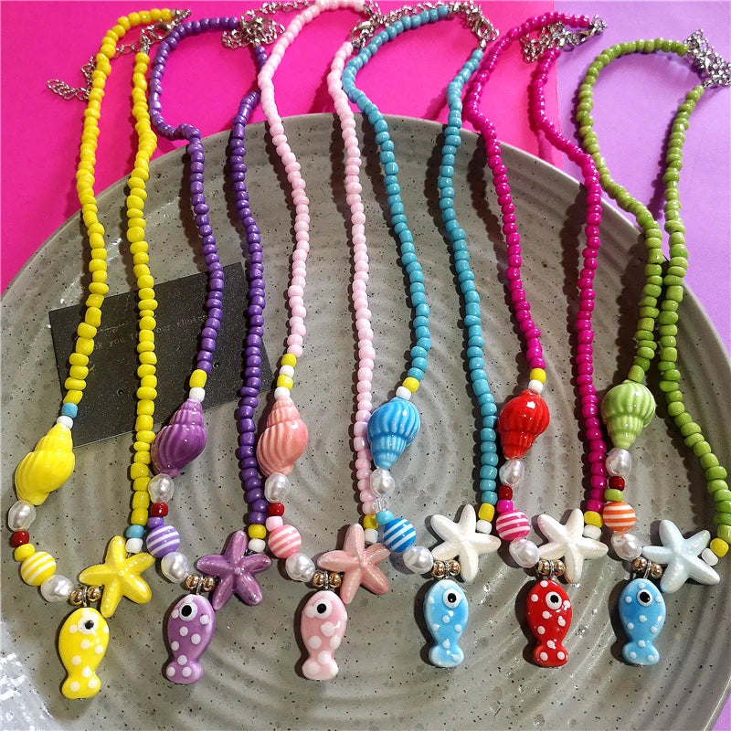 Collana girocollo con perline con ciondolo stella marina in ceramica colorata estiva per le donne Accessori per gioielli Boho romantici da spiaggia all'ingrosso