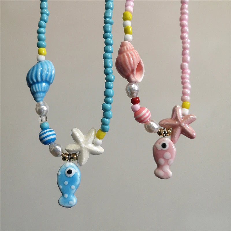 Collana girocollo con perline con ciondolo stella marina in ceramica colorata estiva per le donne Accessori per gioielli Boho romantici da spiaggia all'ingrosso