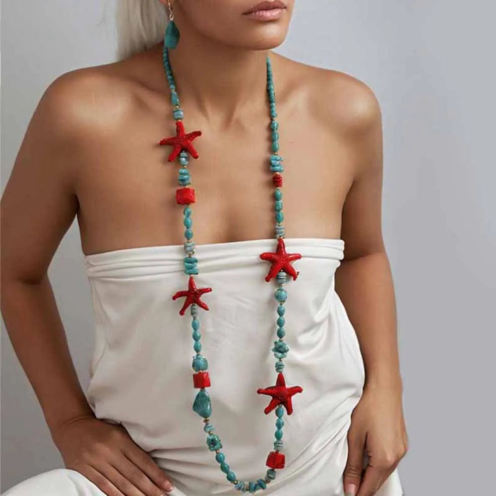 Set di Collana Lunga e Orecchini in Stile Boho con Stelle Marine Tropicali per Donna, Gioielli per Matrimoni e Feste