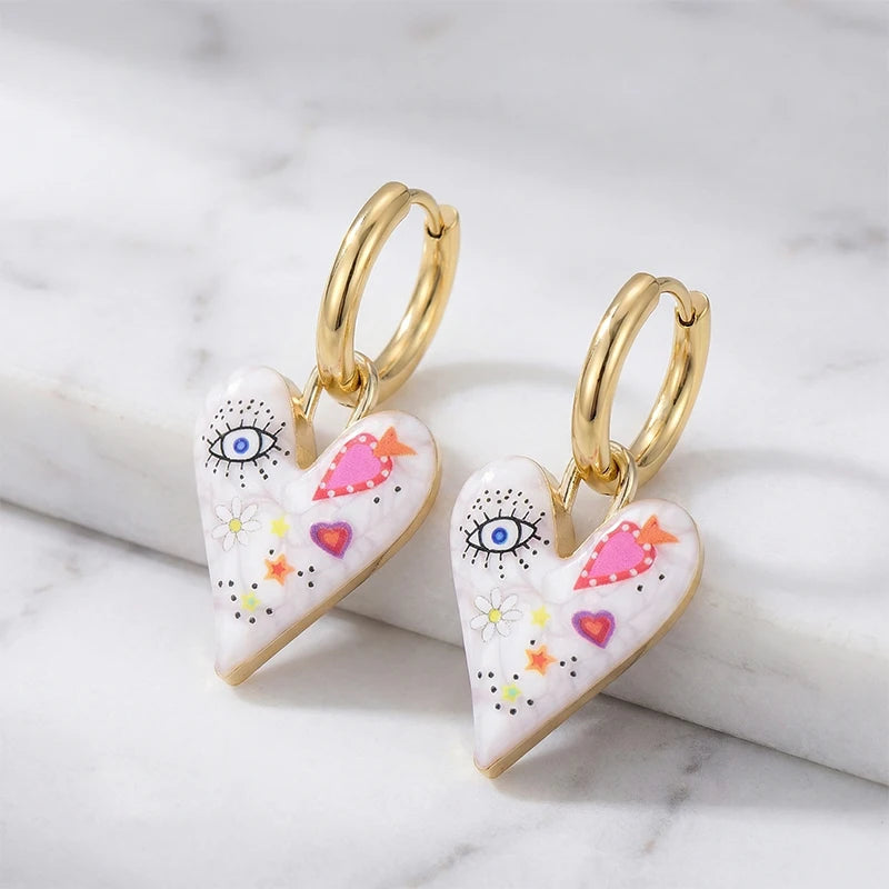 Orecchini Pendenti Creativi con Graffiti, Fiori, Occhi Grandi e Cuori per Donne, Stile Artistico alla Moda, Orecchini a Cerchio con Smalto, Regalo di Gioielleria Femminile