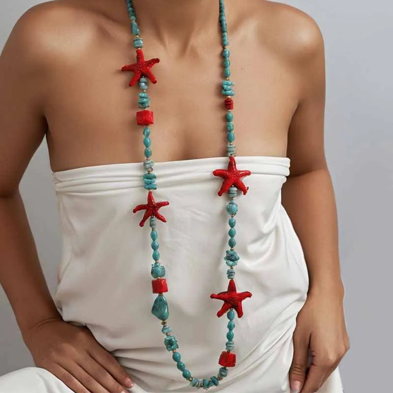 Set di Collana Lunga e Orecchini in Stile Boho con Stelle Marine Tropicali per Donna, Gioielli per Matrimoni e Feste