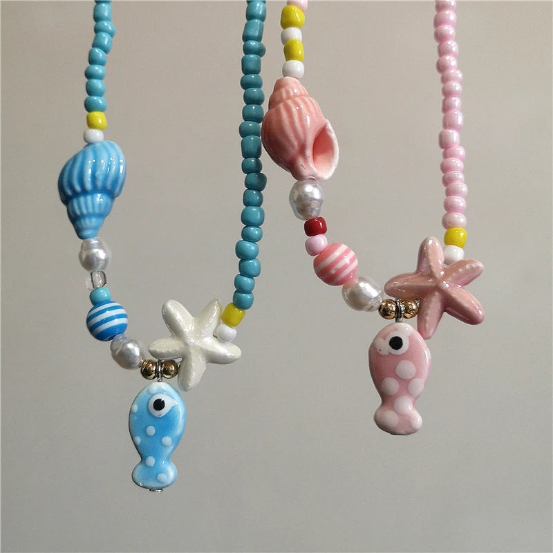 Collana girocollo con perline con ciondolo stella marina in ceramica colorata estiva per le donne Accessori per gioielli Boho romantici da spiaggia all'ingrosso
