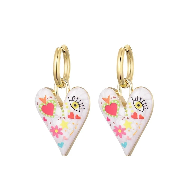 Orecchini Pendenti Creativi con Graffiti, Fiori, Occhi Grandi e Cuori per Donne, Stile Artistico alla Moda, Orecchini a Cerchio con Smalto, Regalo di Gioielleria Femminile