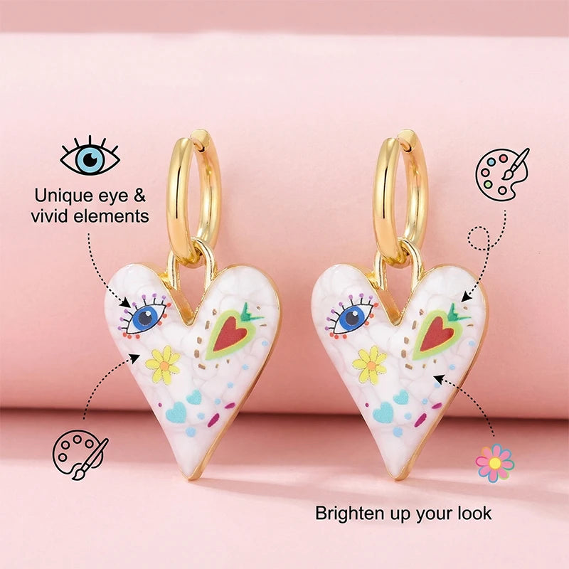 Orecchini Pendenti Creativi con Graffiti, Fiori, Occhi Grandi e Cuori per Donne, Stile Artistico alla Moda, Orecchini a Cerchio con Smalto, Regalo di Gioielleria Femminile