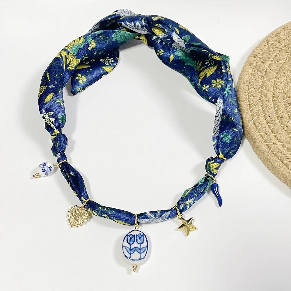 Collana con Ciondoli in Tessuto Bohemien a Tema Vita Marina, Cuore, Ciliegia, Tulipano, Fiore - Gioielli da Vacanza, Regalo per Lei