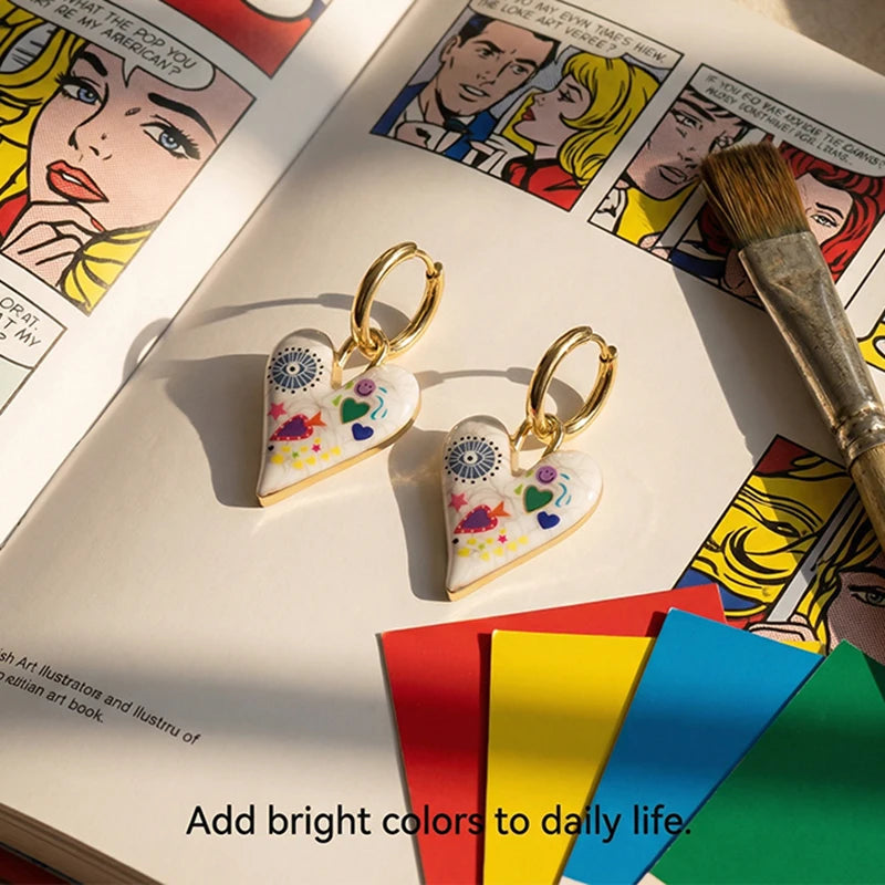 Orecchini Pendenti Creativi con Graffiti, Fiori, Occhi Grandi e Cuori per Donne, Stile Artistico alla Moda, Orecchini a Cerchio con Smalto, Regalo di Gioielleria Femminile