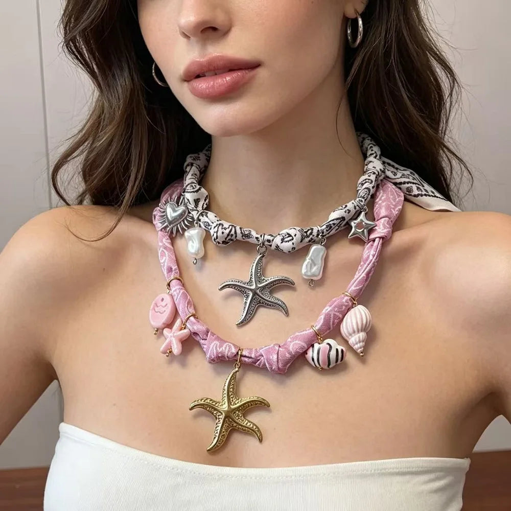 Collana con Ciondoli in Tessuto Bohemien a Tema Vita Marina, Cuore, Ciliegia, Tulipano, Fiore - Gioielli da Vacanza, Regalo per Lei