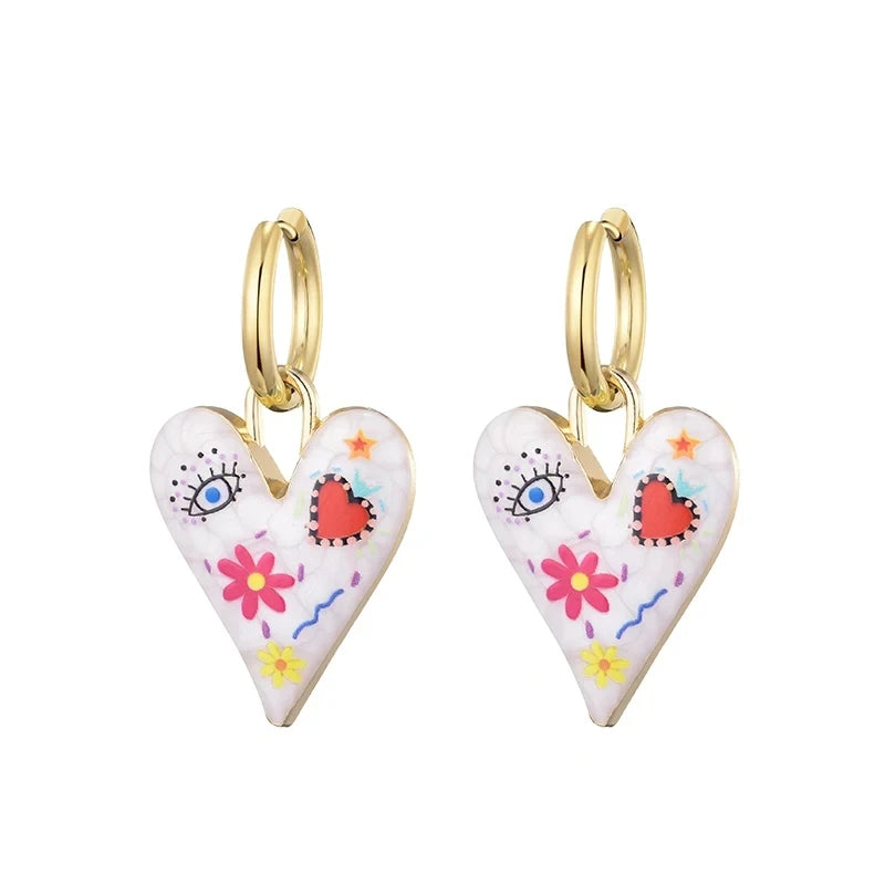 Orecchini Pendenti Creativi con Graffiti, Fiori, Occhi Grandi e Cuori per Donne, Stile Artistico alla Moda, Orecchini a Cerchio con Smalto, Regalo di Gioielleria Femminile