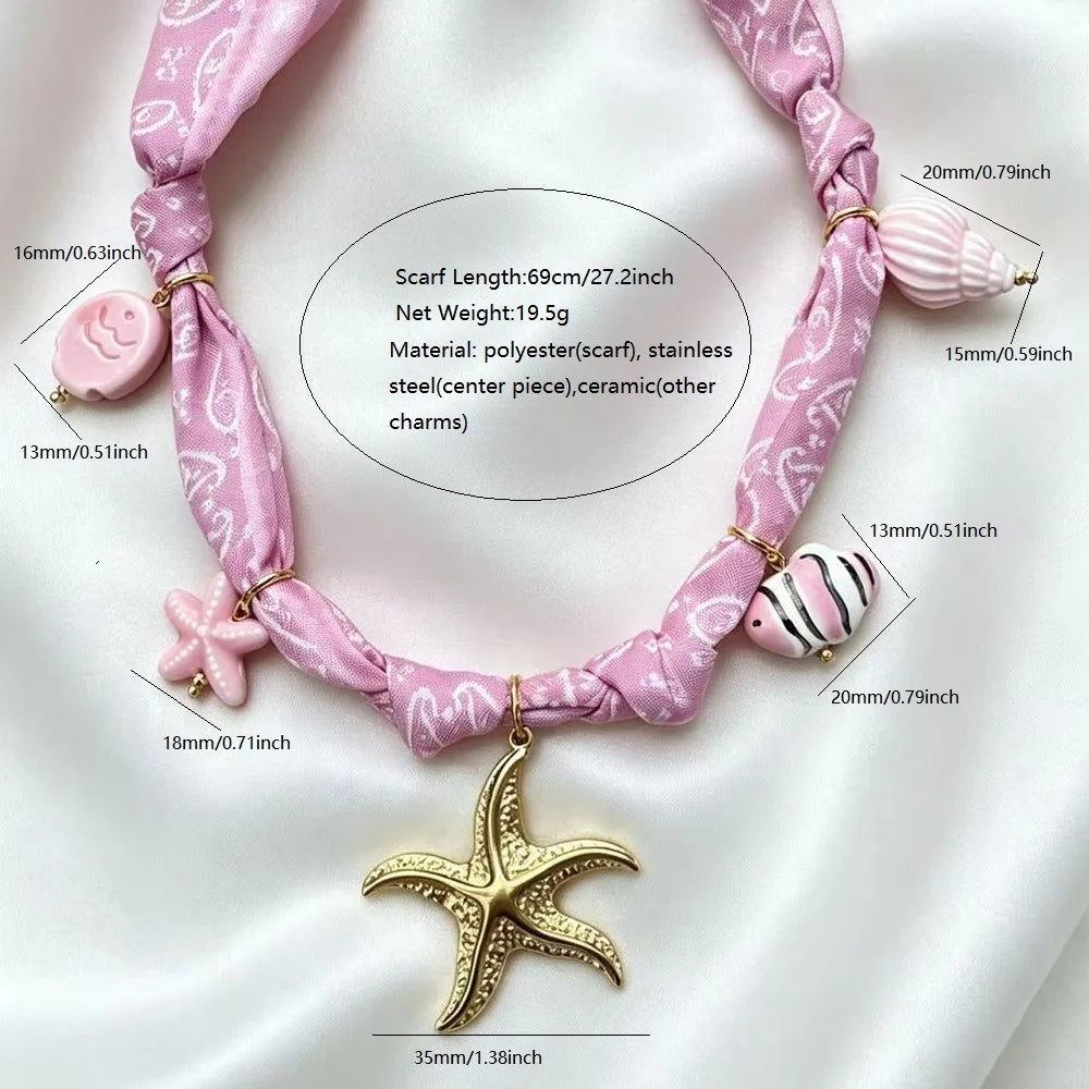 Collana con Ciondoli in Tessuto Bohemien a Tema Vita Marina, Cuore, Ciliegia, Tulipano, Fiore - Gioielli da Vacanza, Regalo per Lei
