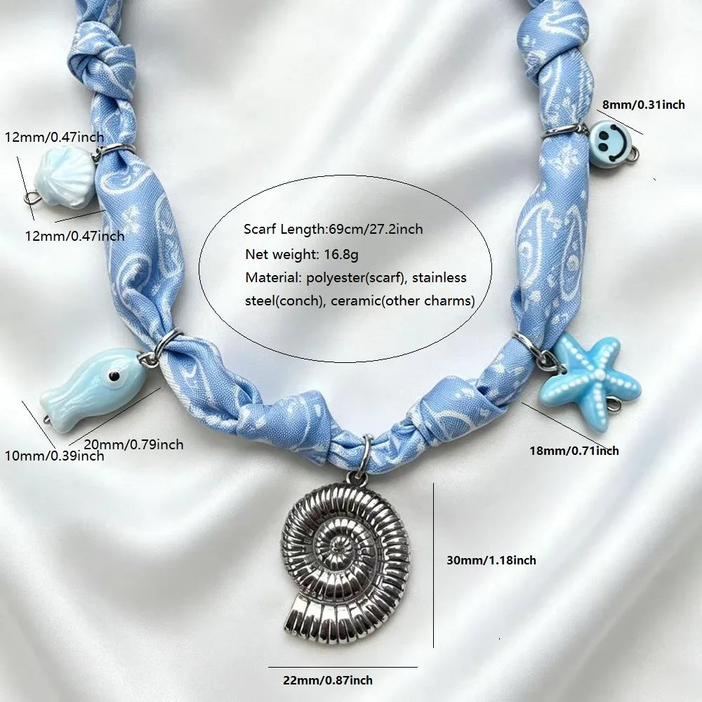 Collana con Ciondoli in Tessuto Bohemien a Tema Vita Marina, Cuore, Ciliegia, Tulipano, Fiore - Gioielli da Vacanza, Regalo per Lei