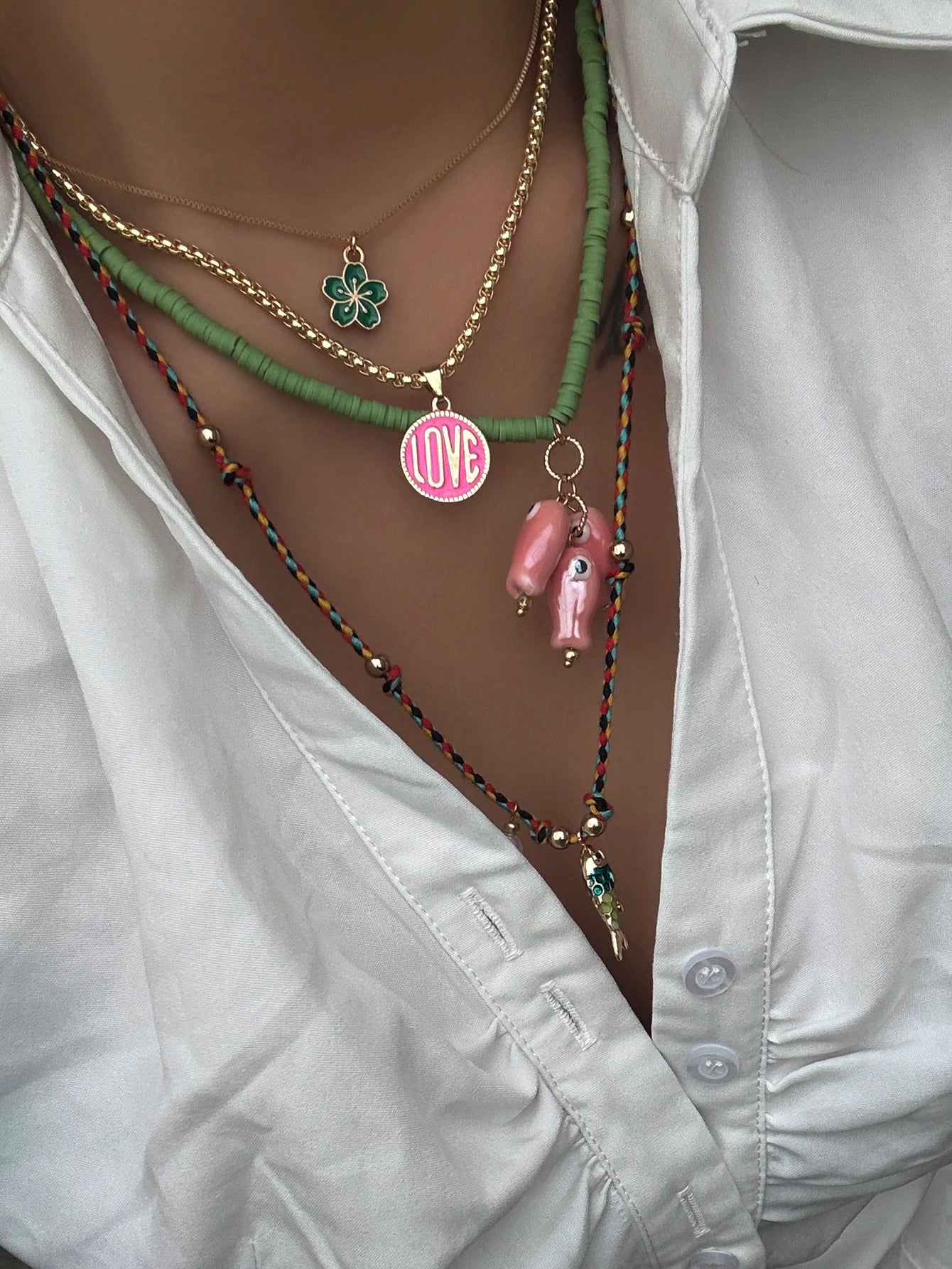 4 pezzi di collana impilata a strati di moda set di ciondoli di pesci in ceramica design di perline gioielli da festa da donna bohémien colorati