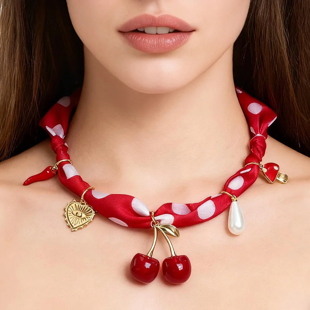 Collana con Ciondoli in Tessuto Bohemien a Tema Vita Marina, Cuore, Ciliegia, Tulipano, Fiore - Gioielli da Vacanza, Regalo per Lei