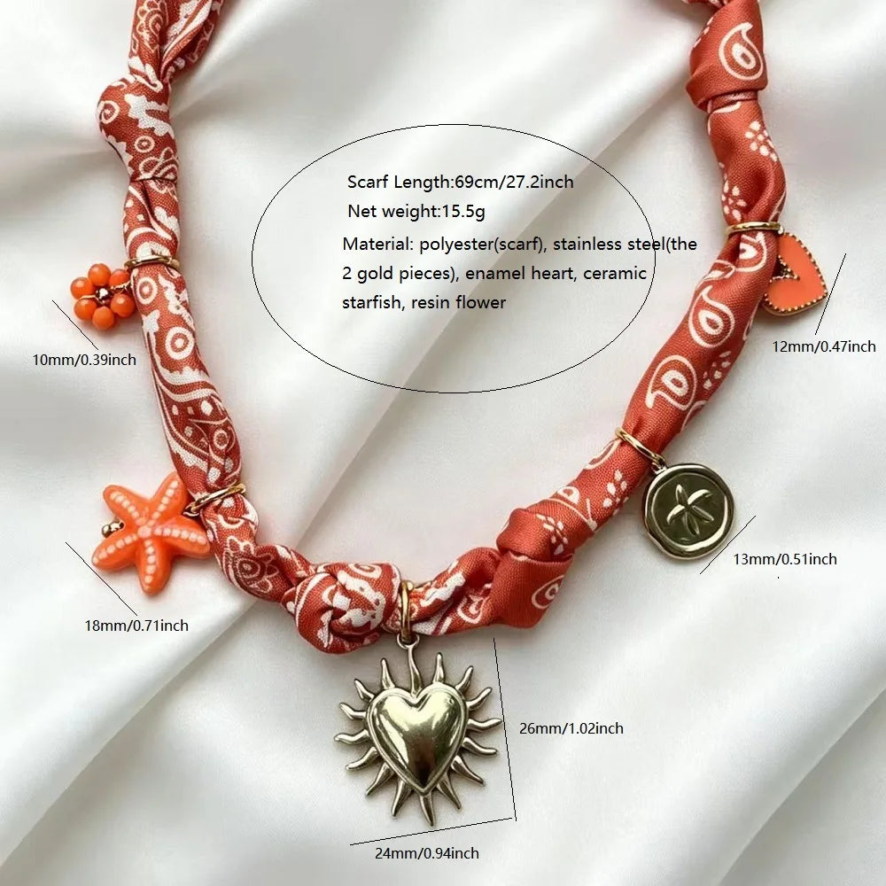 Collana con Ciondoli in Tessuto Bohemien a Tema Vita Marina, Cuore, Ciliegia, Tulipano, Fiore - Gioielli da Vacanza, Regalo per Lei