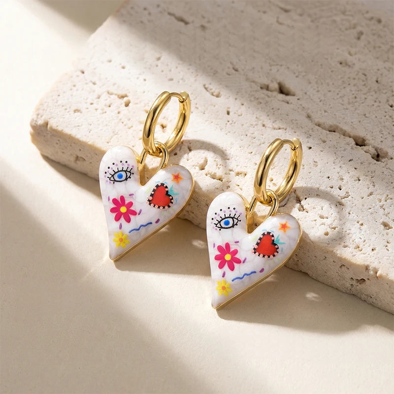 Orecchini Pendenti Creativi con Graffiti, Fiori, Occhi Grandi e Cuori per Donne, Stile Artistico alla Moda, Orecchini a Cerchio con Smalto, Regalo di Gioielleria Femminile