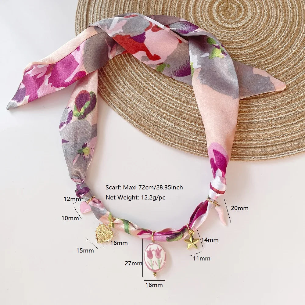 Collana con Ciondoli in Tessuto Bohemien a Tema Vita Marina, Cuore, Ciliegia, Tulipano, Fiore - Gioielli da Vacanza, Regalo per Lei