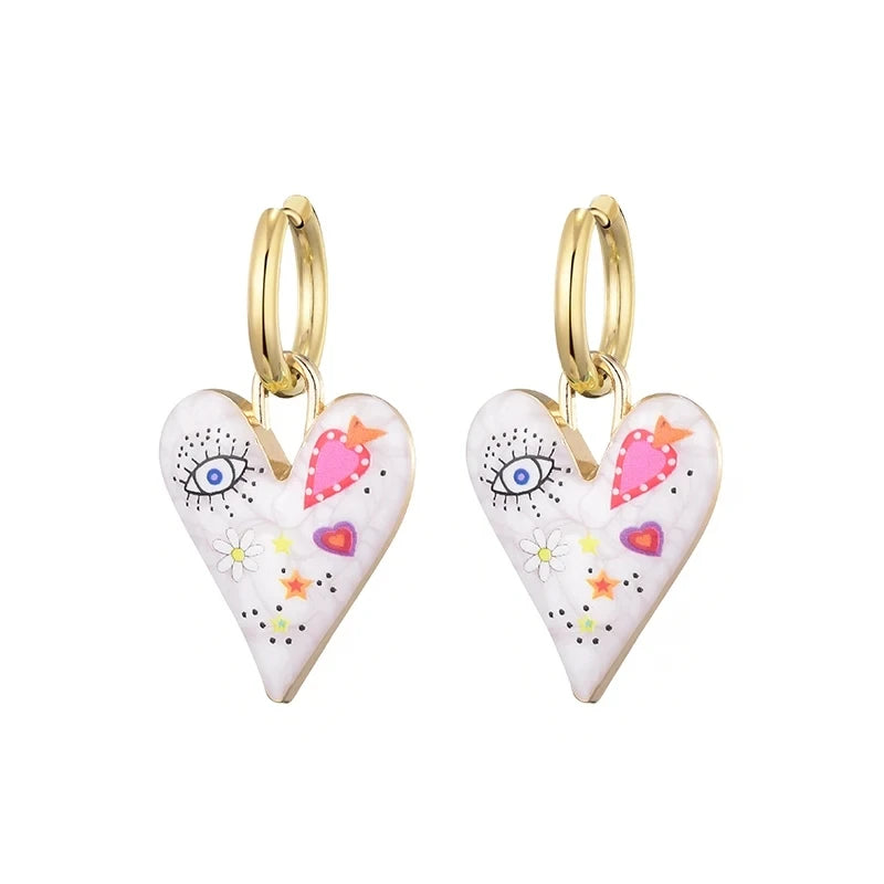 Orecchini Pendenti Creativi con Graffiti, Fiori, Occhi Grandi e Cuori per Donne, Stile Artistico alla Moda, Orecchini a Cerchio con Smalto, Regalo di Gioielleria Femminile
