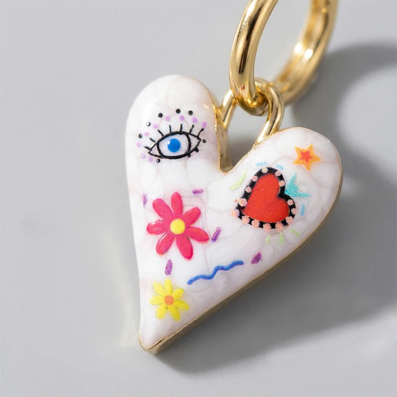 Orecchini Pendenti Creativi con Graffiti, Fiori, Occhi Grandi e Cuori per Donne, Stile Artistico alla Moda, Orecchini a Cerchio con Smalto, Regalo di Gioielleria Femminile
