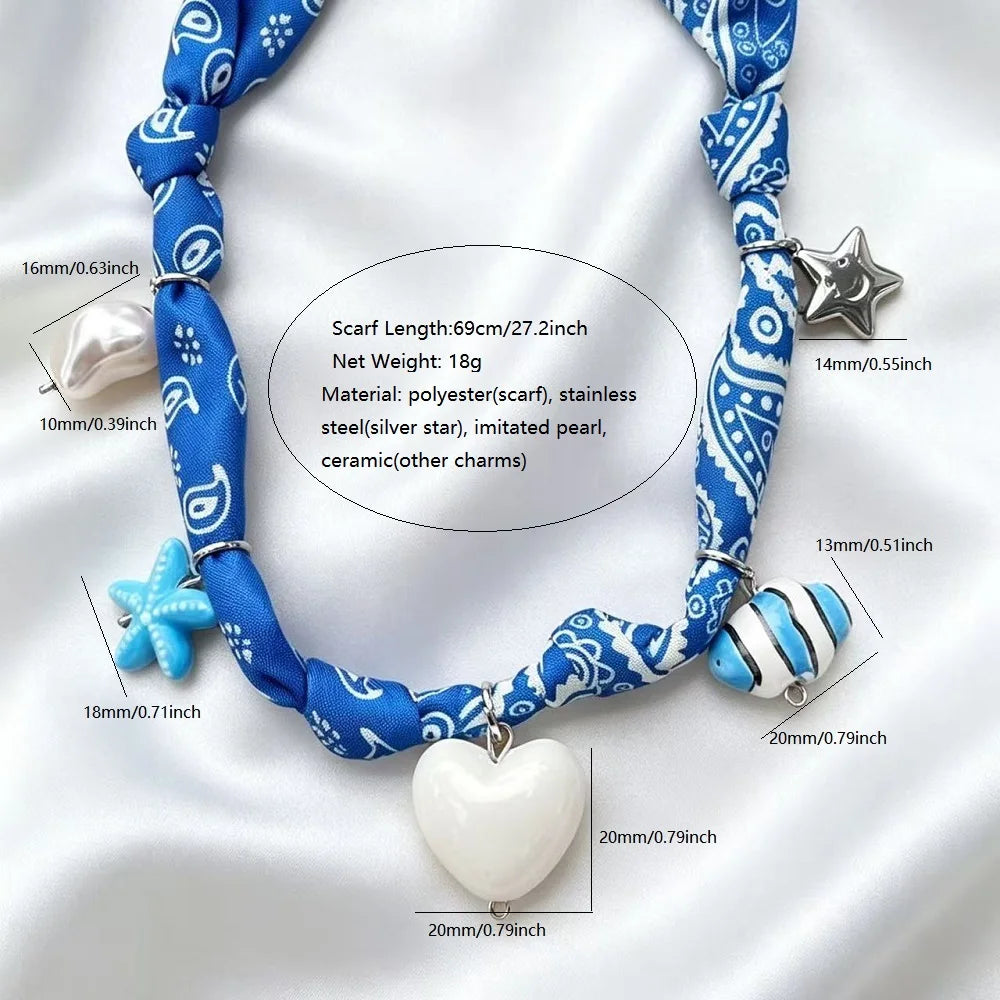 Collana con Ciondoli in Tessuto Bohemien a Tema Vita Marina, Cuore, Ciliegia, Tulipano, Fiore - Gioielli da Vacanza, Regalo per Lei