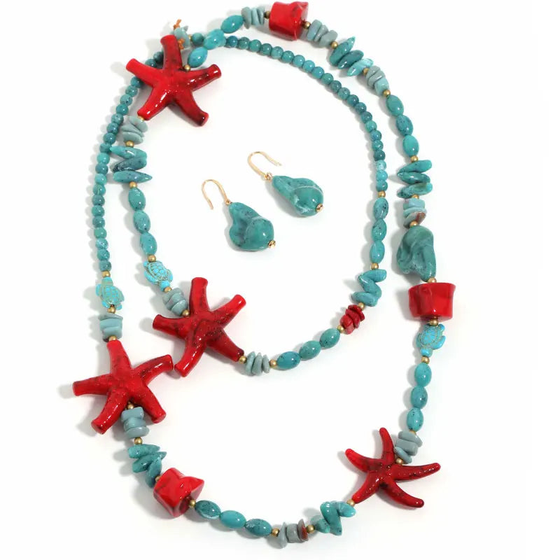 Set di Collana Lunga e Orecchini in Stile Boho con Stelle Marine Tropicali per Donna, Gioielli per Matrimoni e Feste