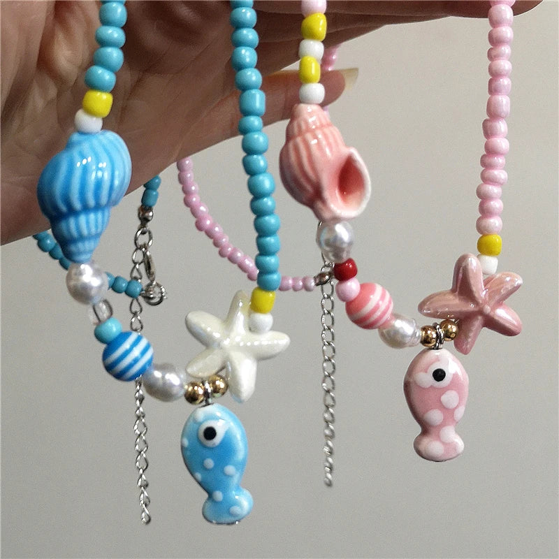 Collana girocollo con perline con ciondolo stella marina in ceramica colorata estiva per le donne Accessori per gioielli Boho romantici da spiaggia all'ingrosso