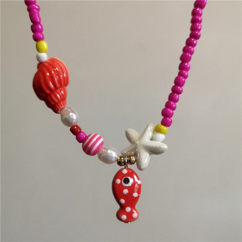 Collana girocollo con perline con ciondolo stella marina in ceramica colorata estiva per le donne Accessori per gioielli Boho romantici da spiaggia all'ingrosso