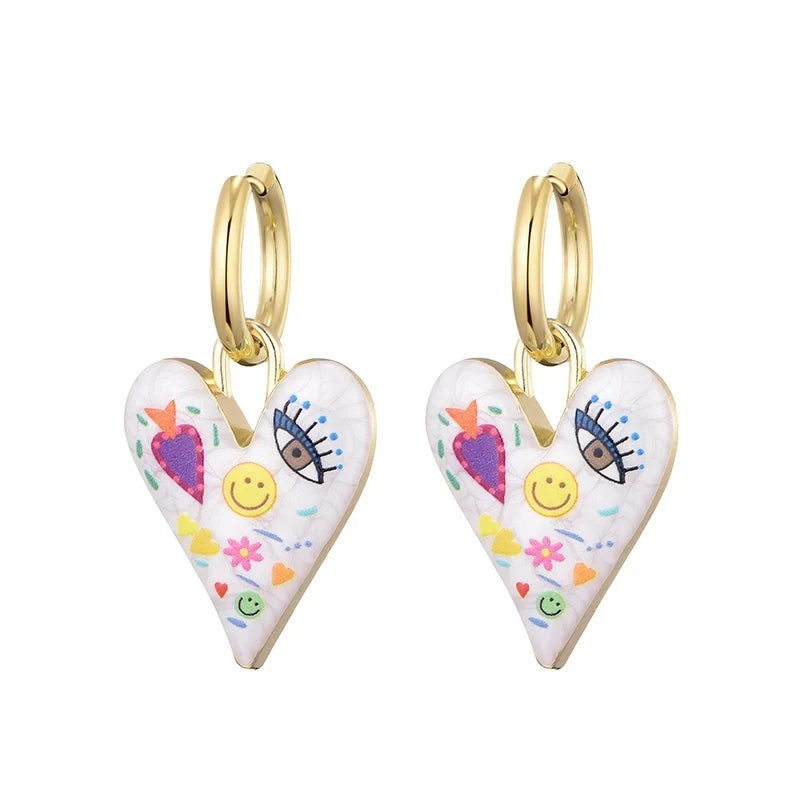 Orecchini Pendenti Creativi con Graffiti, Fiori, Occhi Grandi e Cuori per Donne, Stile Artistico alla Moda, Orecchini a Cerchio con Smalto, Regalo di Gioielleria Femminile