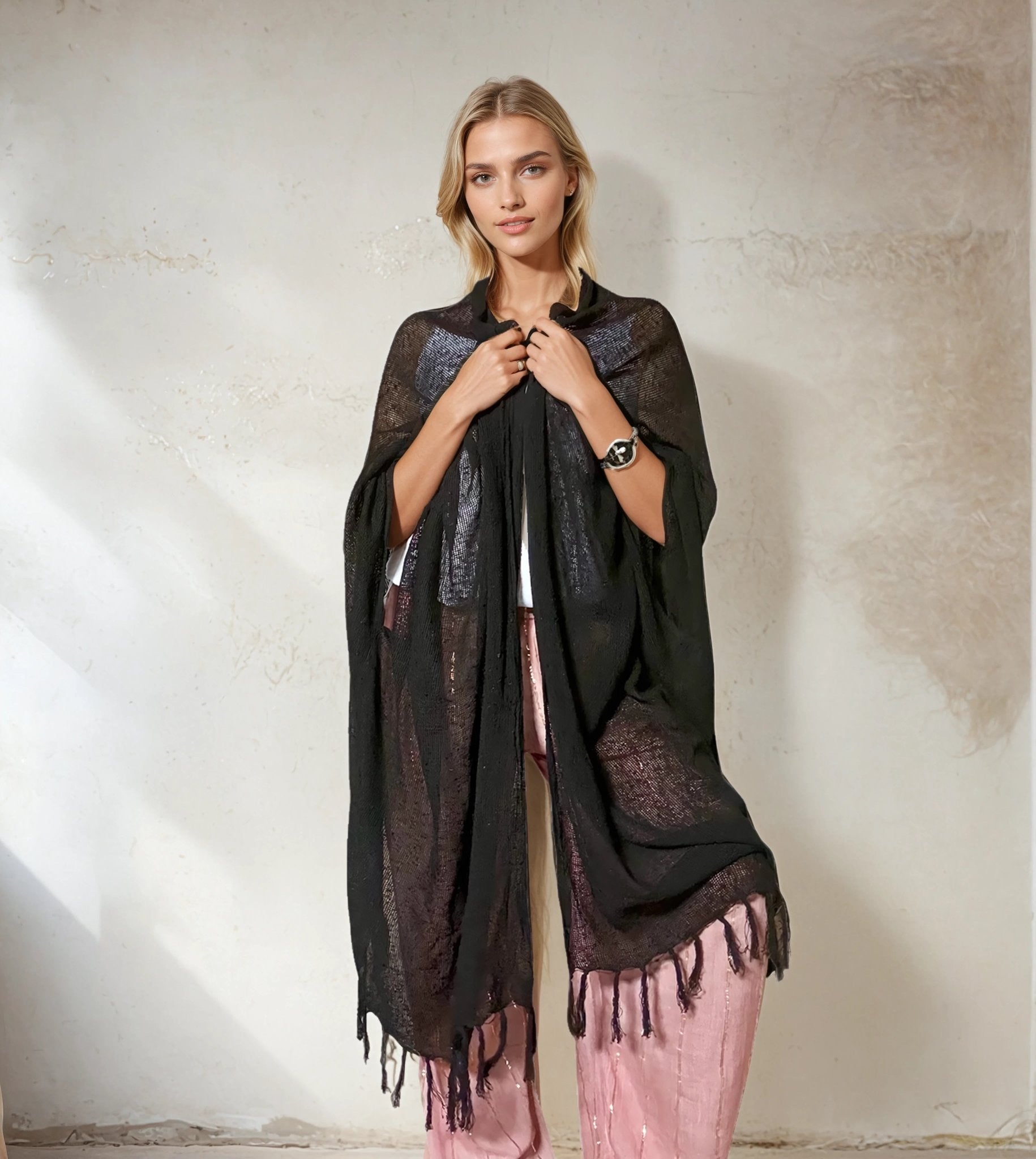 Caftano lungo in cotone grezzo 🌱 Nero - Glow