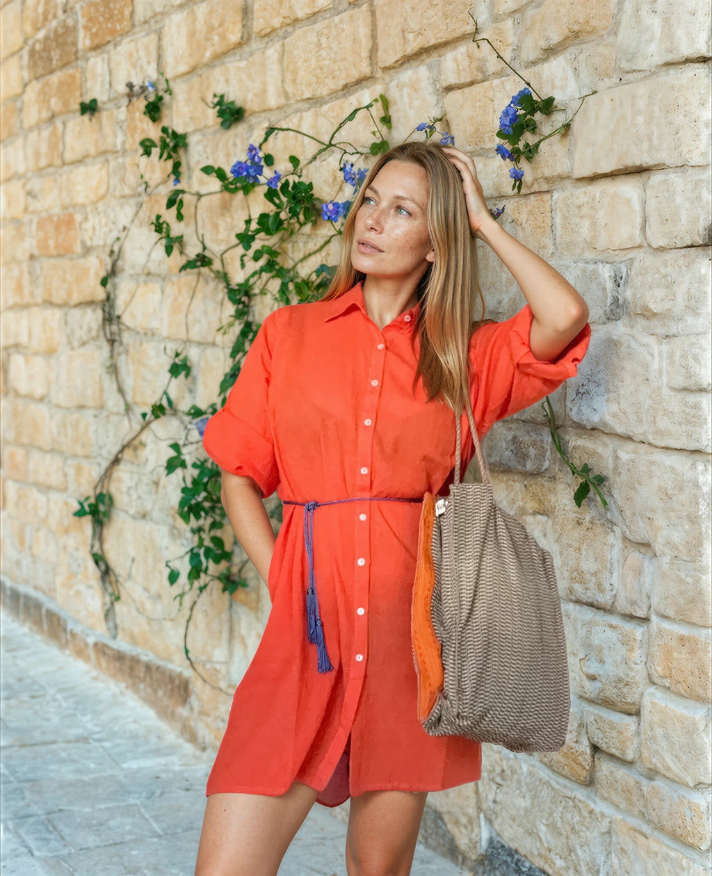 Camicia Mare & Città con cintura in cordoncino + nappine ★ Arancione - Glow