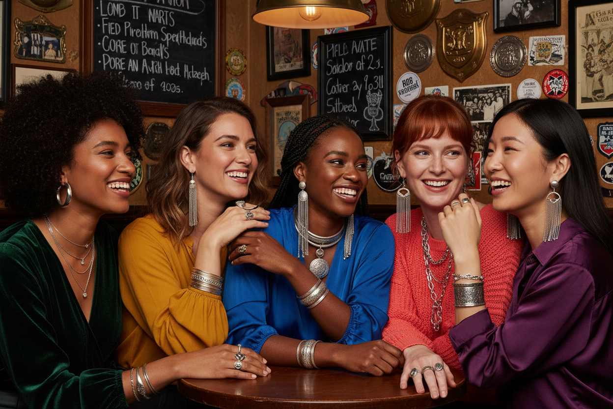 Gruppo di amiche al bar con tanti gioielli