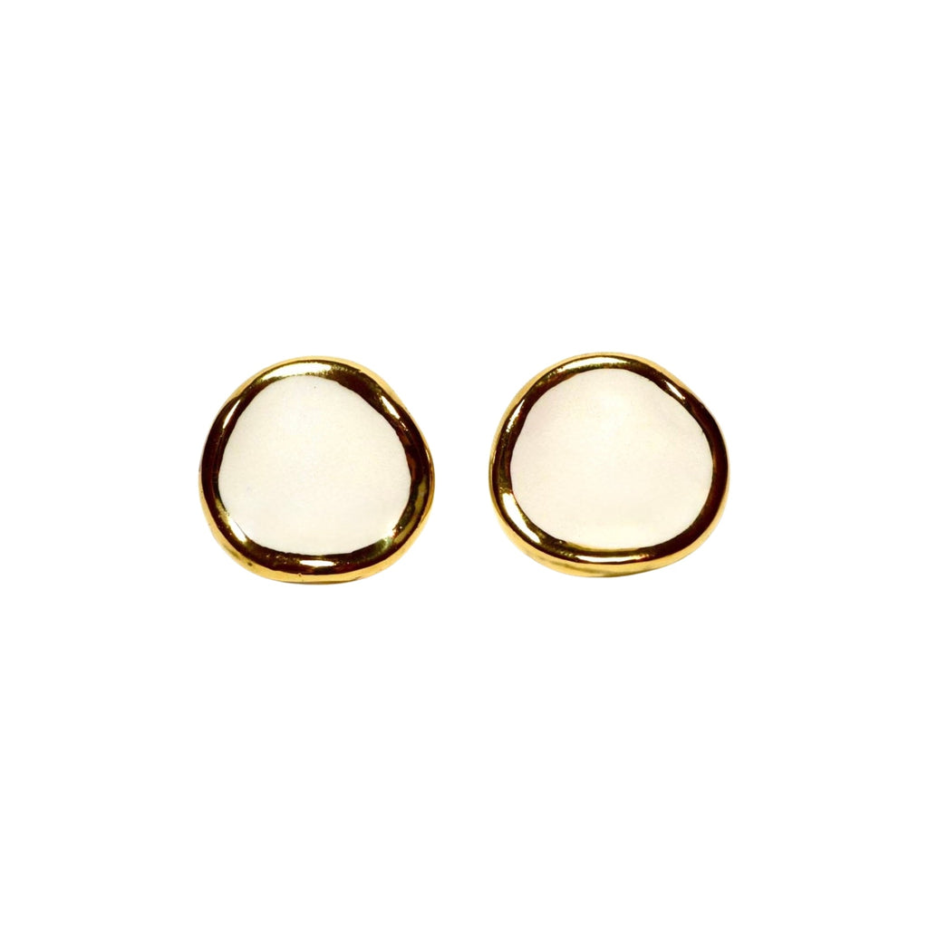 Leda | Handcrafted white ceramic stud earrings with gold luster - Glow