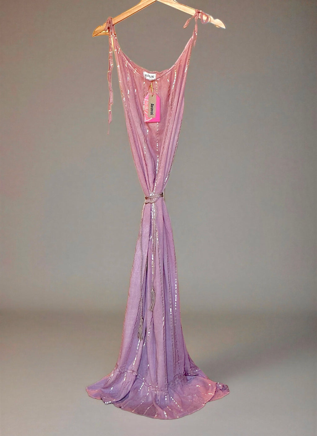 Maxi Dress a righe oro con cintura in cordoncino e nappine✨ Rosa Polvere - Glow