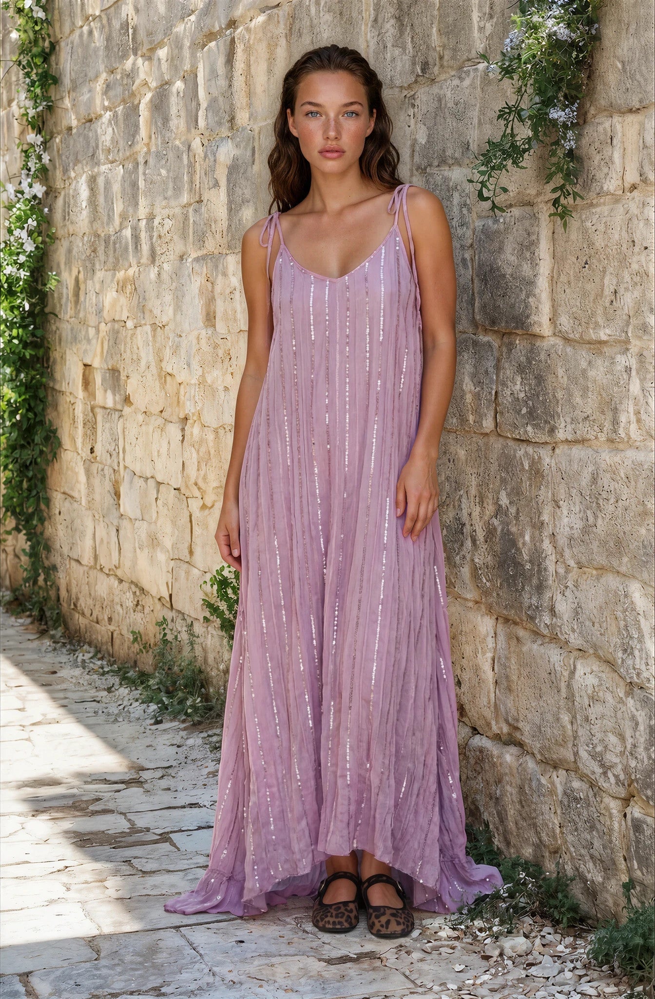 Maxi Dress a righe oro con cintura in cordoncino e nappine✨ Rosa Polvere - Glow