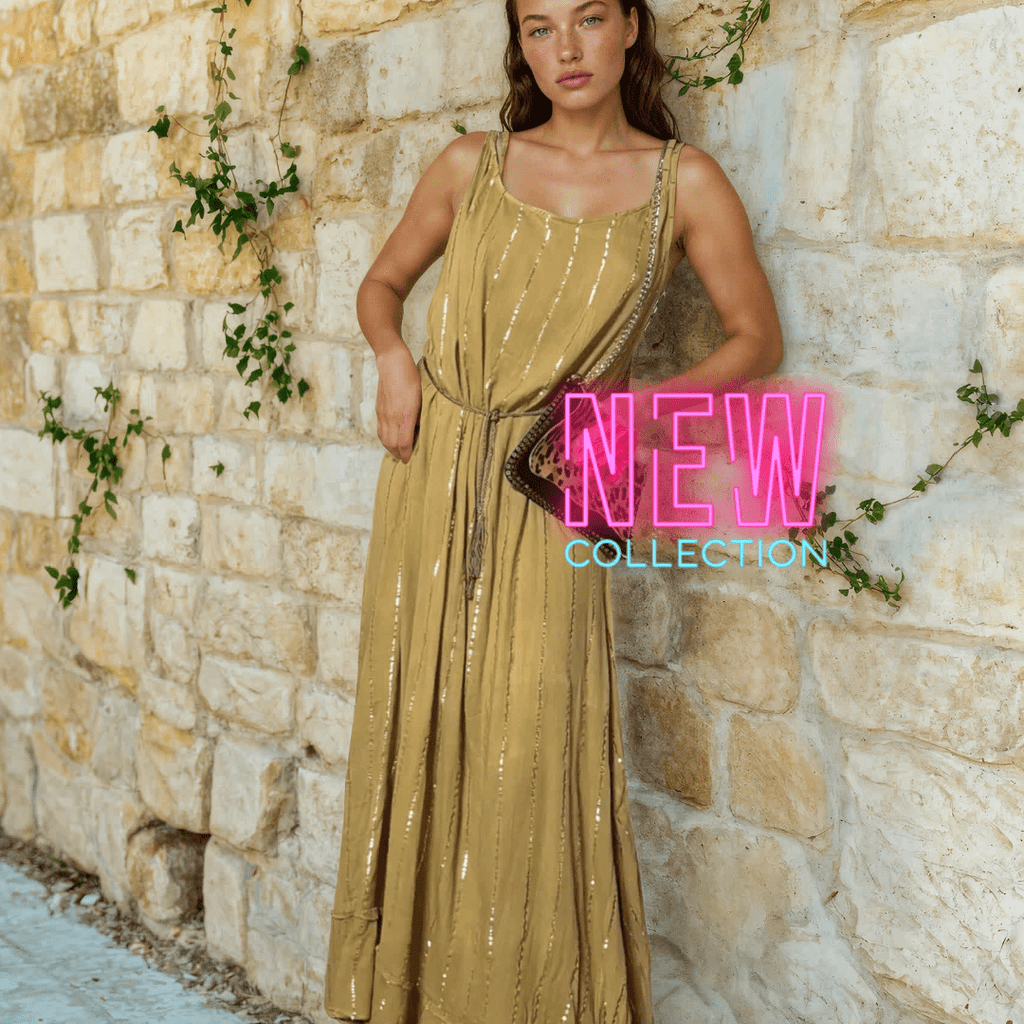 Maxi Dress a righe oro con cintura in cordoncino e nappine✨Giallo Pastello - Glow