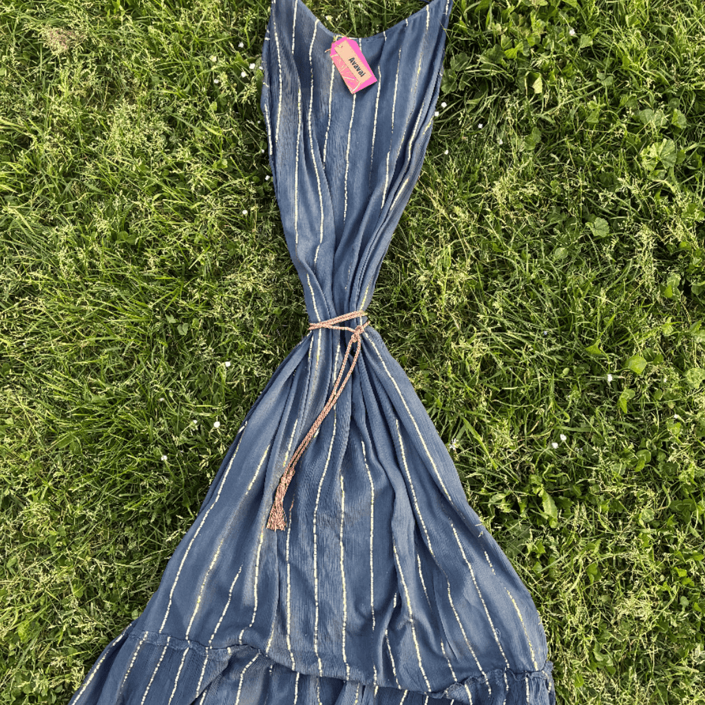 Maxi Dress a righe oro con cintura in cordoncino + nappine✨ Navy Blue - Glow