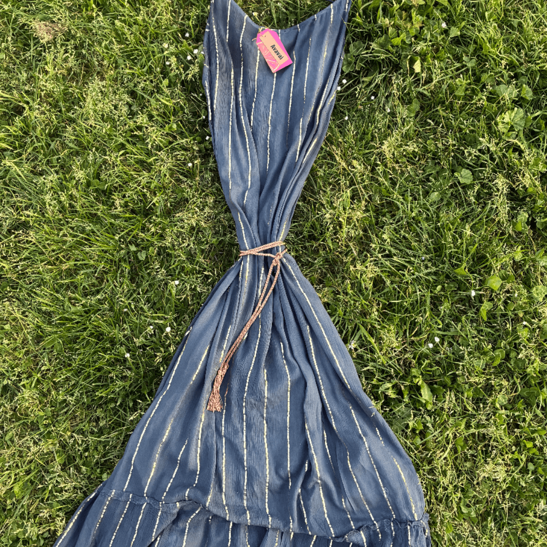 Maxi Dress a righe oro con cintura in cordoncino + nappine✨ Navy Blue - Glow