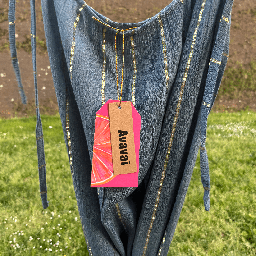 Maxi Dress a righe oro con cintura in cordoncino + nappine✨ Navy Blue - Glow