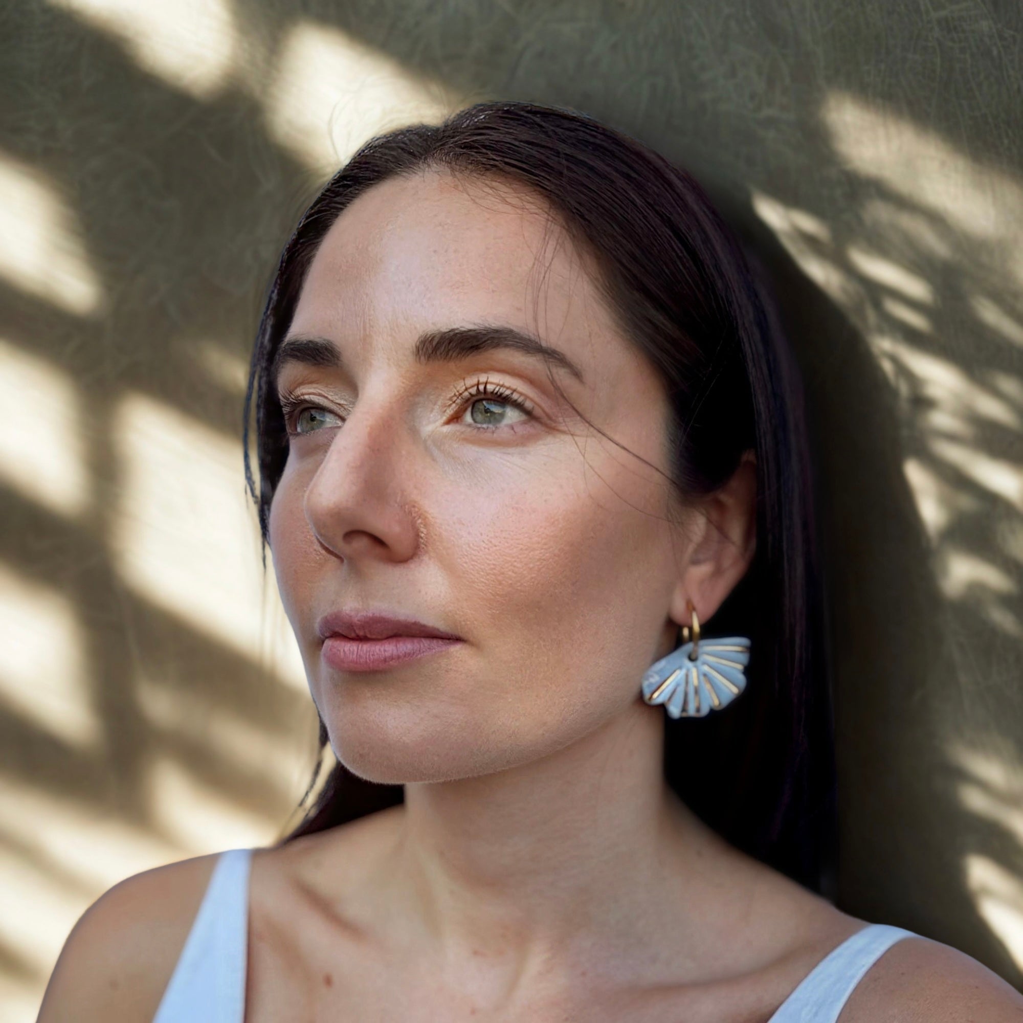Selene | Handcrafted light blue ceramic dangle earrings with golden details - Glow